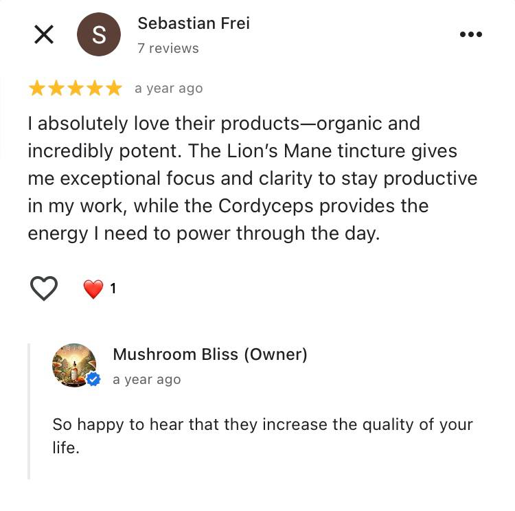 Sebastian Frei's review on Myco Bliss Lion's Mane and Cordyceps